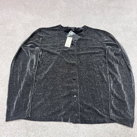 New York & Company Blouse Black Shimmer Button Up Long Sleeve Size XL NWT - Picture 1 of 10